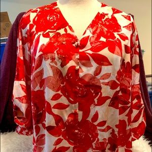 Alfani red floral print button up blouse 2X